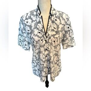 Black and White Floral Blouse with Voluminous Sleeves